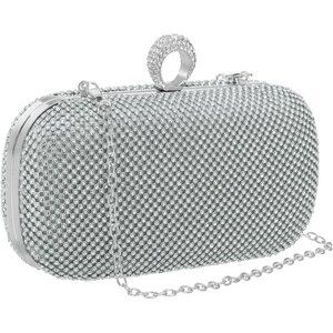 Women Silver Sparkly Rhinestone Evening Clutch Purse Crystal Ring Clasp Handbag